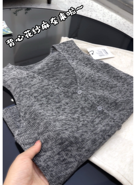 3816【V领花纱麻灰开衫马甲】春夏新款女士韩版百搭针织衫上衣