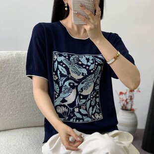 3212【喜鹊提花短袖针织衫】春季新款韩版女士简约气质上衣