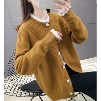 2223【圆领蕾丝边开衫】秋冬新款女士宽松外穿毛衣外套