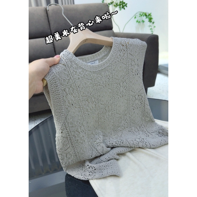 3813【圆领祖母格钩花背心】春季新款韩版女士宽松针织衫上衣