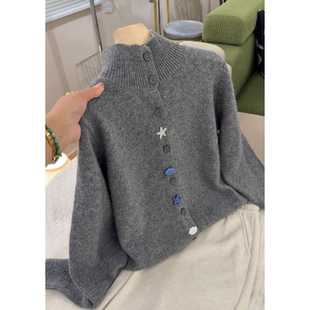 新款 秋季 宽松毛衣外穿女士气质上衣 立领海星扣开衫 3579