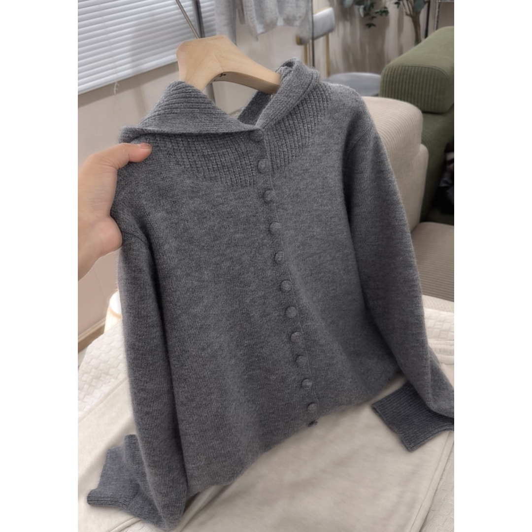 3533【包扣宽松连帽开衫】秋冬新款女士百搭上衣外穿针织衫