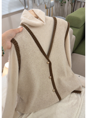 2146【镶边开衫马夹】秋季新款V领无袖背心女士宽松外穿针织衫
