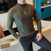 休闲内搭打底衫 秋季 潮 中领针织衫 时尚 痞帅提花半高领毛衣男士 修身