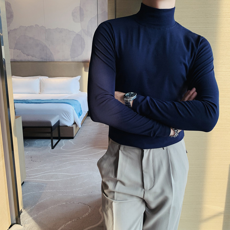 男士韩版修身纯色半高领长袖T恤紧身抓绒打底衫弹力中领男装秋衣