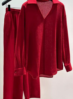 轻奢时尚  2025年新款秋装V领羊毛时尚转运红色套装 衬衫长裤
