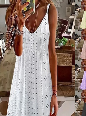 Lace Trim Camisole 夏季镂空提花V领吊带裙