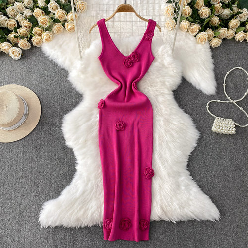 French Style Floral Knit V-Neck Sheath Dress Women Summer