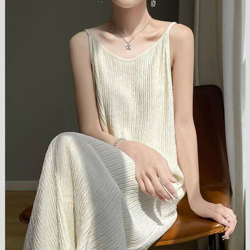 Women's Summer Bias Cut Pleated Strap Dress Mid-Length