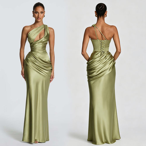 Asymmetric Strapless Satin Long Gown Dress with Cutouts