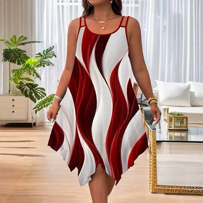 Plus Size Women's Casual Loose Dress Color Block Print Long