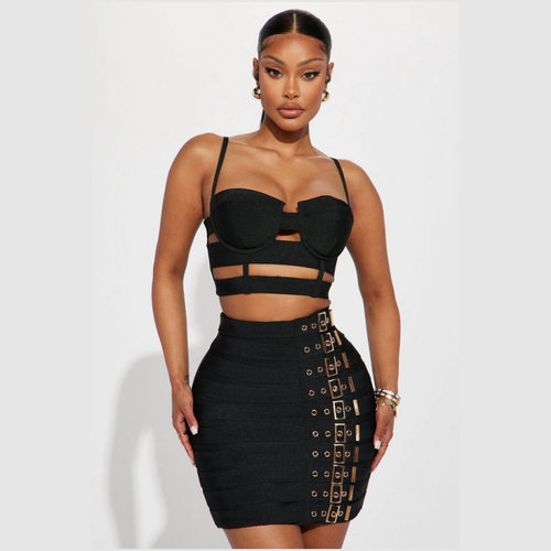 Women's Strap Top Belted Mini Skirt Set Revealing Waist
