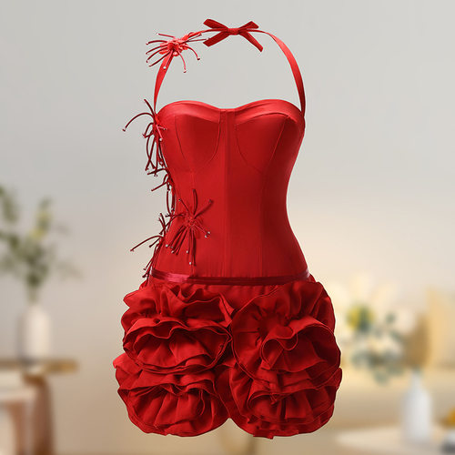 Red Strapless Sheath Dress with 3D Rose Applique Corset