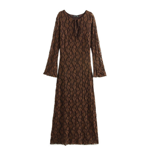 French Style Women's Long Sleeve Lace Dress with Bow Detail