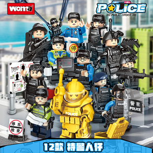 沃马积木军事防爆特警人仔交通巡警察益智拼装 拼插男孩玩具C6002