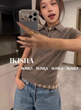 INSH b26-3 春夏羊毛针织假两件短袖polo衫T恤女