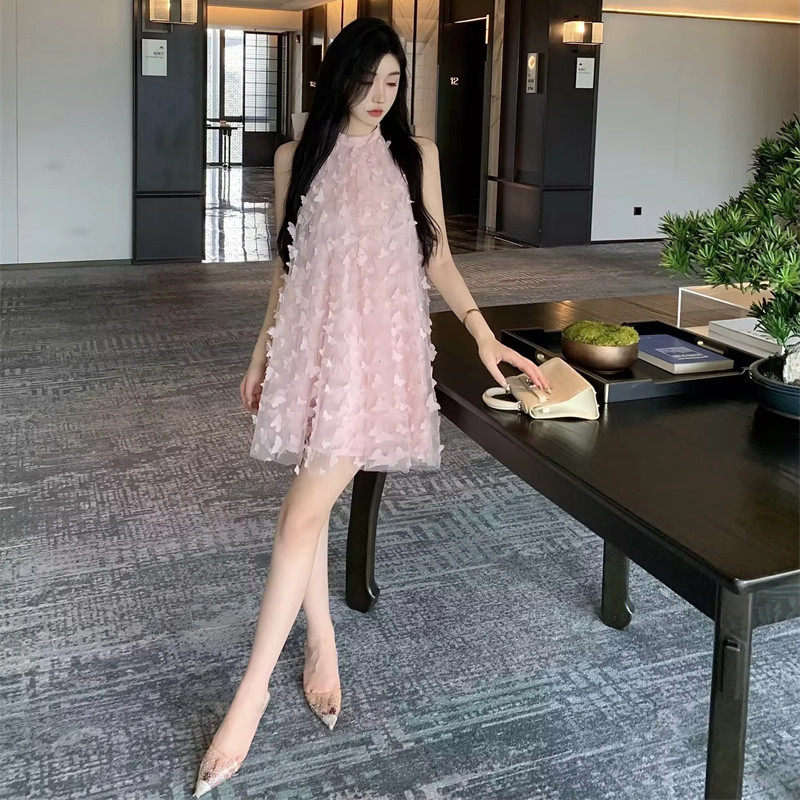 温柔露背大蝴蝶结度假礼服裙挂脖A字无袖背心网纱蝴蝶连衣裙ED