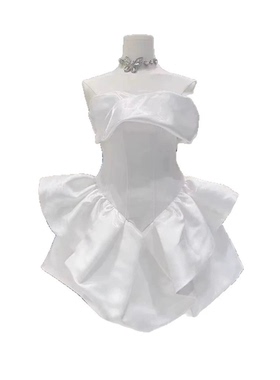 设计感褶皱鱼骨抹胸荷叶边裙气质名媛轻奢生日宴会礼服裙1020