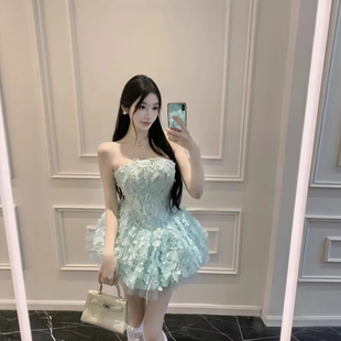 2026春夏抹胸鱼骨提花网纱拼接蓬蓬裙甜美辣妹宴会洋装配短裤ED