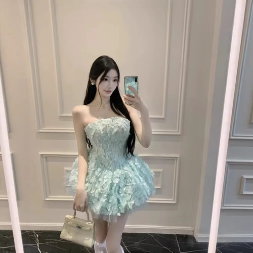 小众抹胸鱼骨提花网纱拼接蓬蓬裙