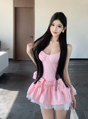 2026新款法式甜美格子吊带裙2026新款纯欲辣妹收腰蓬蓬蛋糕裙0403
