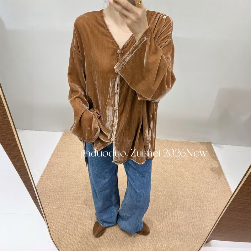 丝绒V领衬衫女长袖宽松气质衬衣