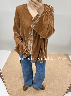丝绒V领衬衫女长袖宽松气质衬衣