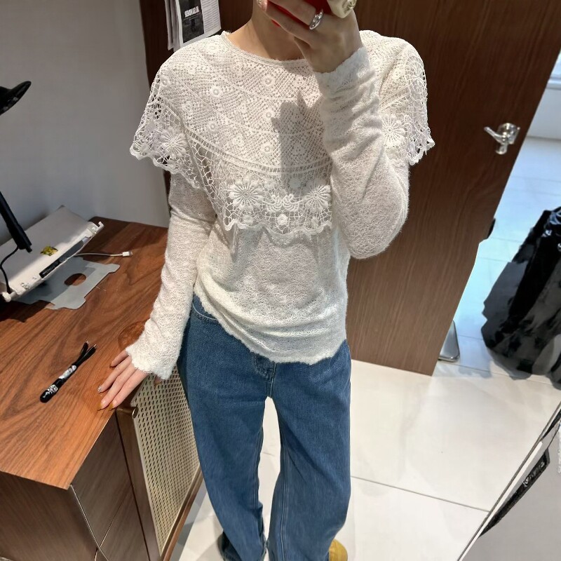 法式甜美蕾丝拼接披肩圆领百搭小衫复古时尚气质上衣欧货冬季新品