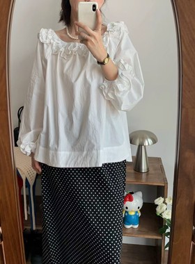 欧洲站2026春季新款法式复古风白色一字肩荷叶边衬衫女宽松上衣潮