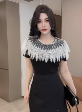 欧欧洲站2025夏季新款时尚圆领钉珠亮片拼接蕾丝短袖T恤时尚上衣