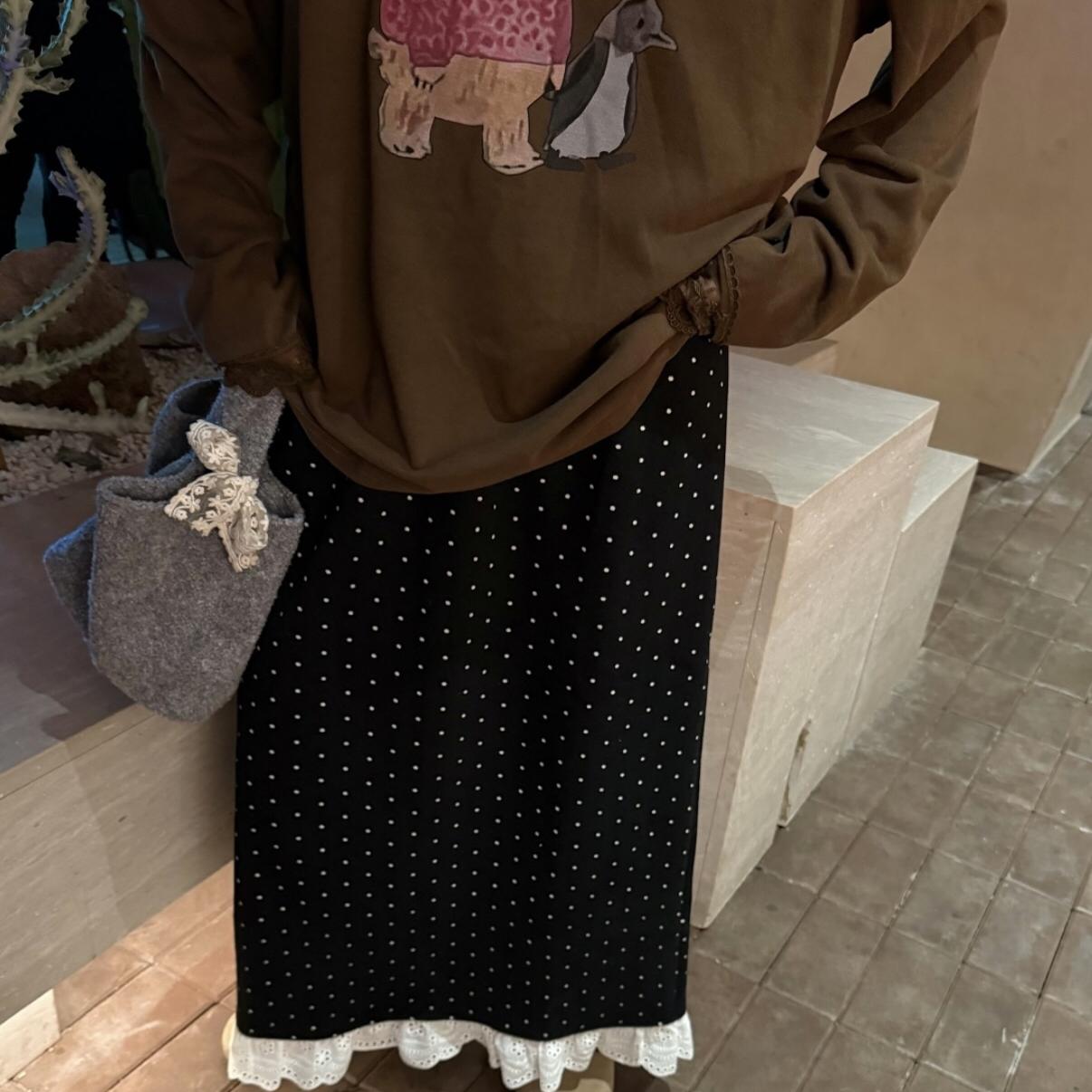 波点半身裙女2024秋冬新款高腰复古裙子花边下摆拼接开叉加厚半裙