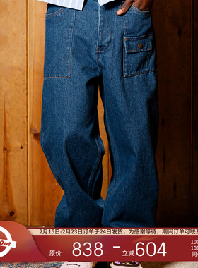 PLEASURES  多口袋纯色复古直筒牛仔裤潮男街头刺绣贴袋宽松长裤