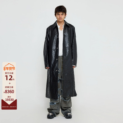 424 25SS 设计感美式复古简约纯色羊皮长款翻领夹克外套风衣