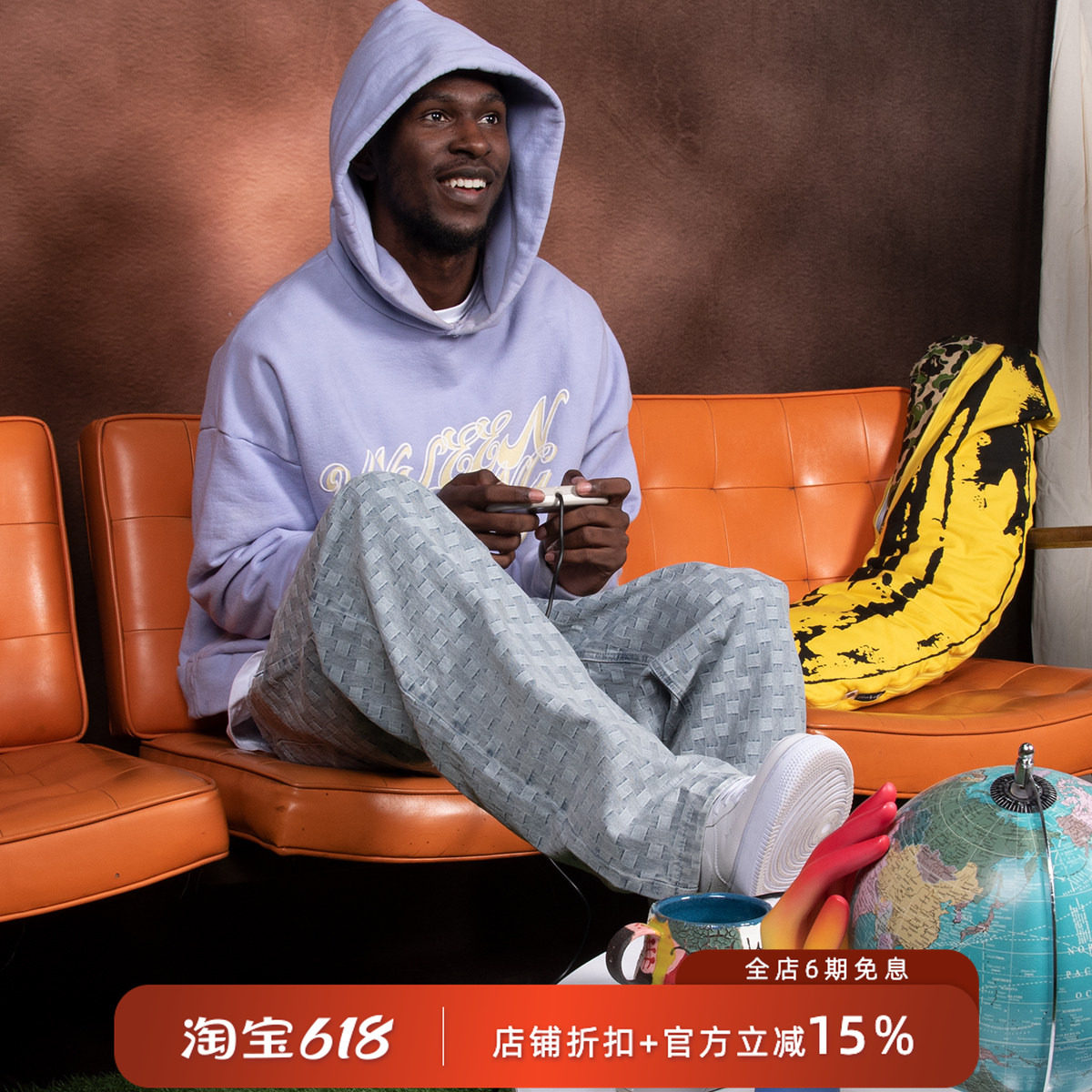 ROUND TWO 春季男士复古满印格纹水洗美式百搭休闲牛仔长裤