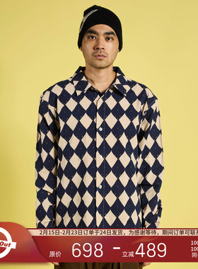 PLEASURES  菱格拼色长袖衬衫男女同款高街全棉复古纽扣休闲外套