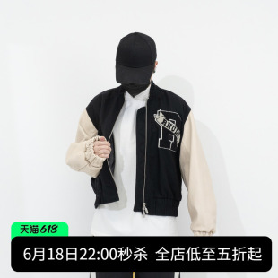 复古羊毛拼色毛巾刺绣logo皮袖 RHUDE 美国小众潮流品牌 春季 夹克