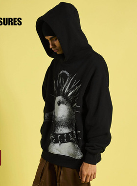 PLEASURES  创意摇滚朋克鸭印花连帽卫衣男女同款拉绒套头帽衫