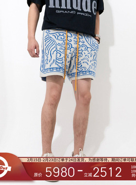 Rhude 夏季男士小众设计针织蓝色图案嵌花抽绳宽松高街休闲短裤