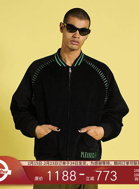 PLEASURES  字母logo刺绣拼色夹克男女同款双拉链头棒球服外套