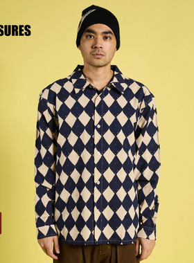 PLEASURES  菱格拼色长袖衬衫男女同款高街全棉复古纽扣休闲外套