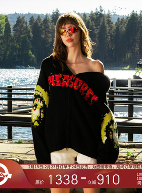 PLEASURES  创意袖管人像提花连帽针织衫男女同款30%羊毛开衫毛衣