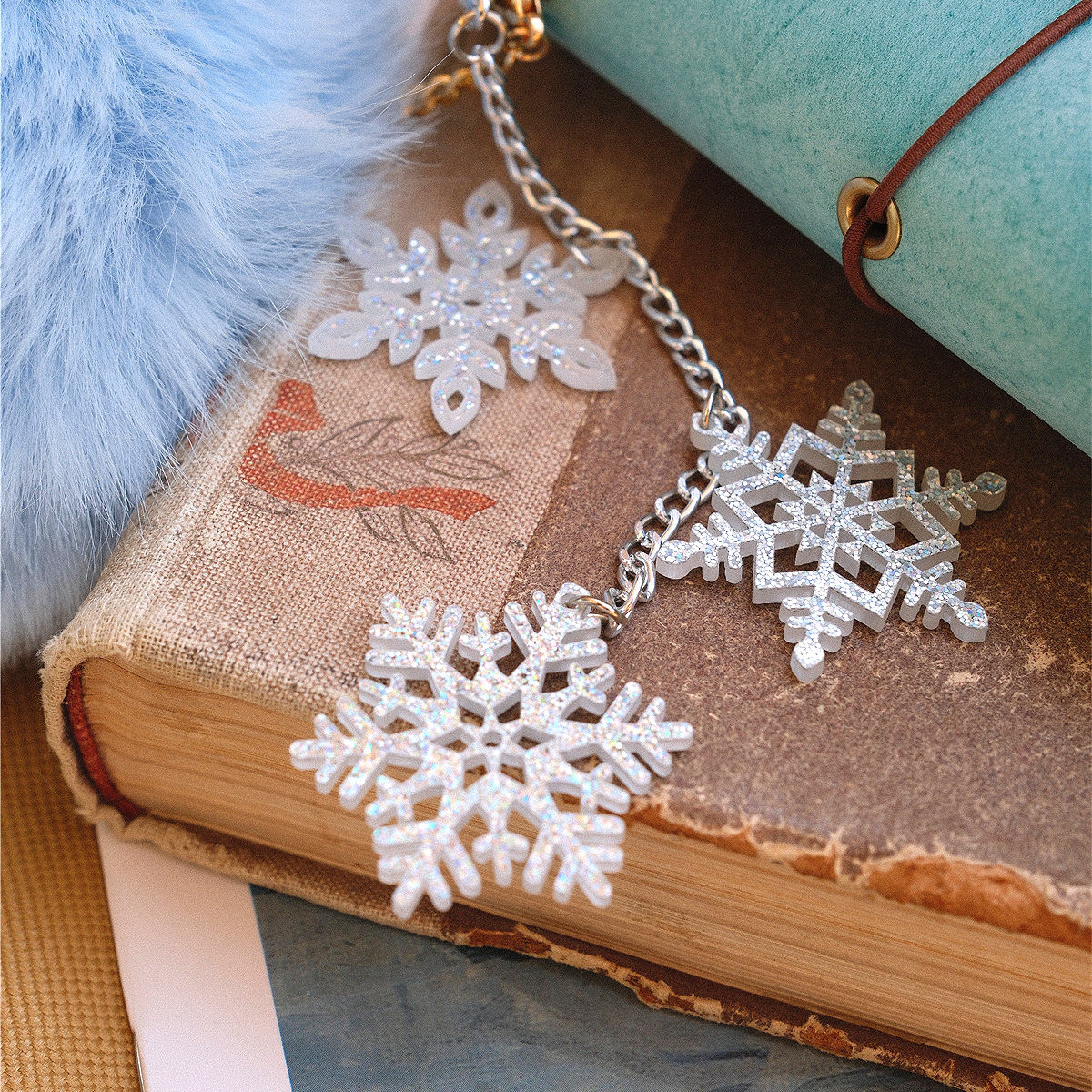 青釉手帐原创亚克力雪花书签链条挂件手工装饰吊牌INS欧美活页