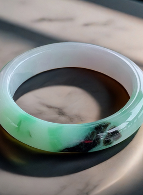 55圈缅甸天然A货翡翠手镯uwet正品飘黑花老坑浅绿翡翠玉镯平安镯