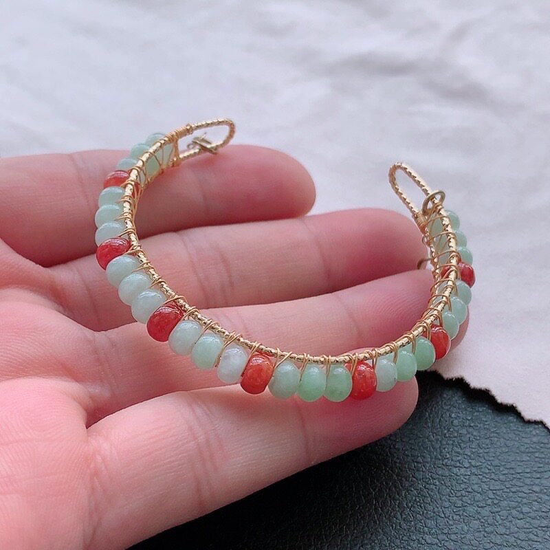 天然A货翡翠算盘子可调节大小双彩算盘珠手镯时尚女款百搭玉镯子