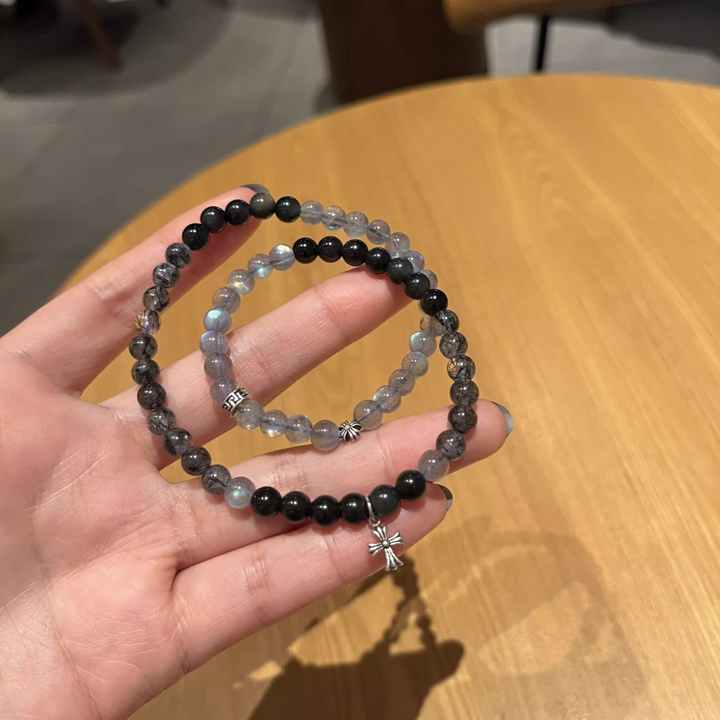 天然灰月光拉长石黑曜石小众手链