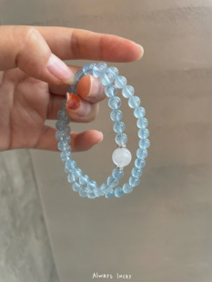 海蓝宝白幽灵双圈 天然冰种玻璃体小清新简约少女心手链女生 精品