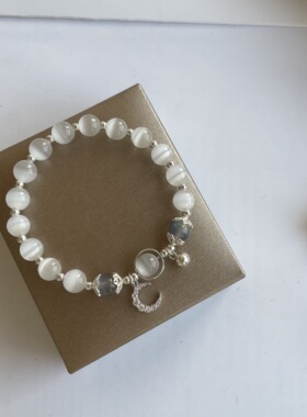 「白猫眼。铃铛」925纯银少女小清新闺蜜原创设计小众水晶手链女