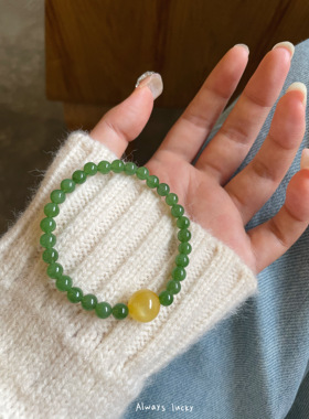 天然碧玉白花蜜蜡简约佛珠手链女