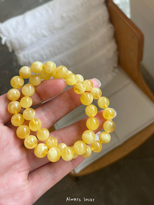 天然蜜蜡琥珀手串白花鸡油黄手链