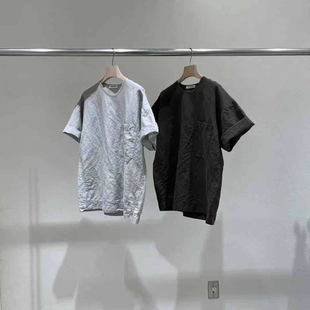 1现 韩国东大门statement女时尚百搭单口袋亚麻短袖T恤25夏季新款